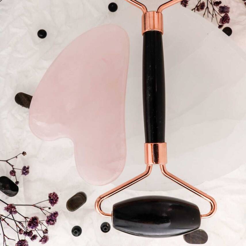 Obsidyen Roller ve Pembe Kuvars Kalpli Gua Sha Takımı - 4