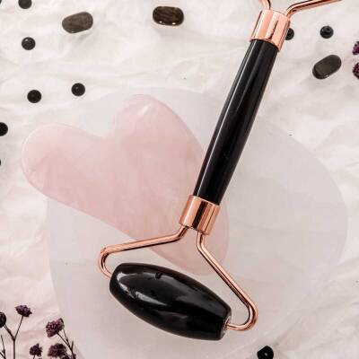 Obsidyen Roller ve Pembe Kuvars Kalpli Gua Sha Takımı - 5