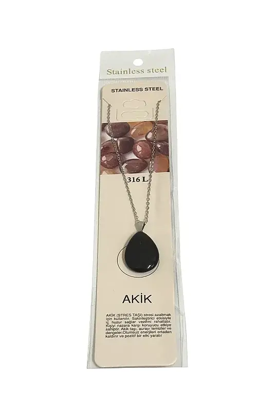 Akik Siyah Göz Damla Figür Taşlı Çelik Zincir Doğal Taş Kolye - 2