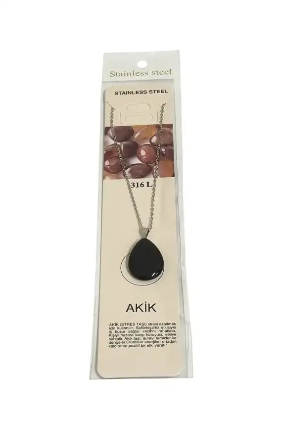 Akik Siyah Göz Damla Figür Taşlı Çelik Zincir Doğal Taş Kolye - 1