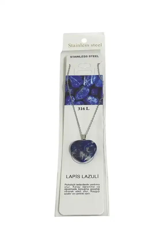 Lapis Lazuli Kalp Figür Taşlı Çelik Zincir Doğal Taş Kolye - 1
