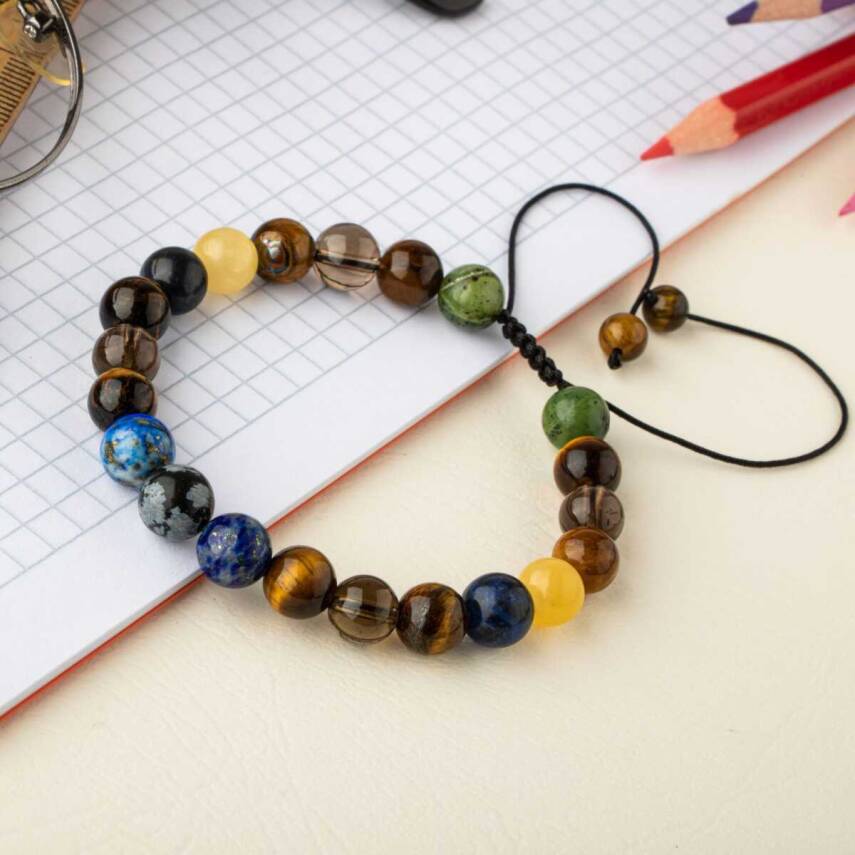 Öğrenci Doğal Taş Bileklik-Karlı Obsidyen-Lapis-Kaplan Gözü-Dumanlı Kuvars-Sodalit-Kalsit-Yeşim - 2