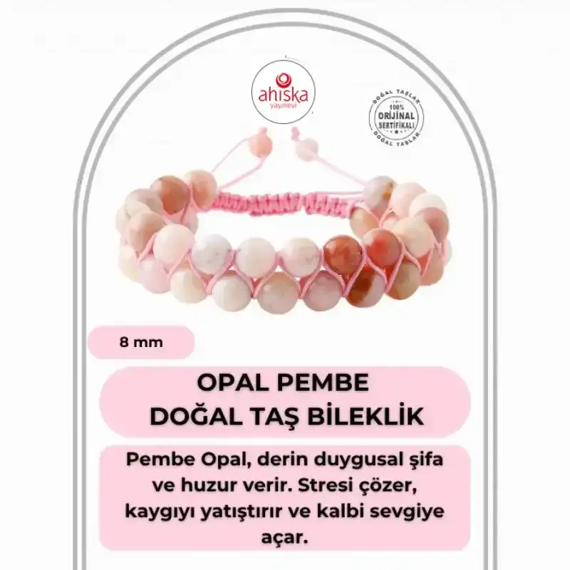 Opal Pembe 8mm Çift Sıra Makrome Doğal Taş Bileklik - 2
