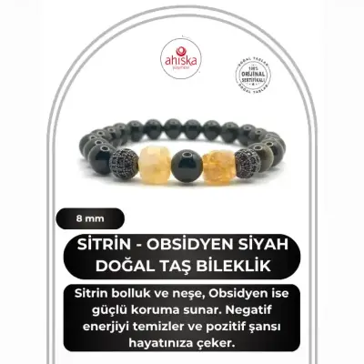 Orijinal Hakiki Sertifikalı Sitrin - Obsidyen Siyah Zirkon Doğal Taş Bileklik 8mm - Doğal Taş (1)