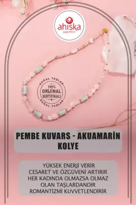 Pembe Kuvars-Akuamarin Doğal Taş Kolye - 1