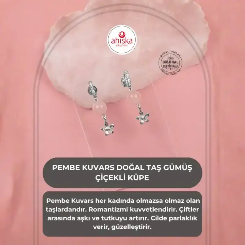 Pembe Kuvars Doğal Taş Gümüş Çiçekli Küpe - 2