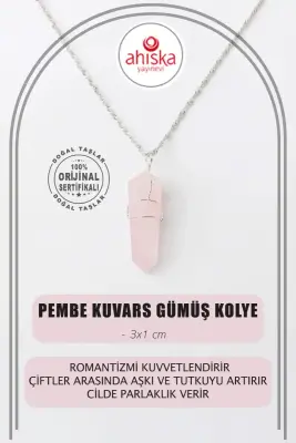 Pembe Kuvars Doğal Taş Kolye Ucu 3x1 cm, Gümüş Zincir - Doğal Taş (1)