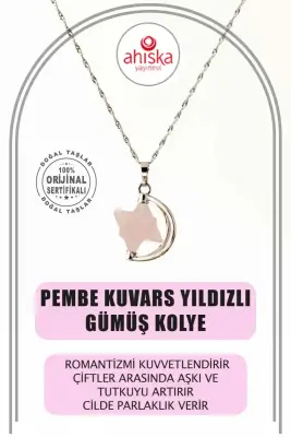 Pembe Kuvars Doğal Taş Yıldızlı Kolye, Gümüş Zincir - Doğal Taş (1)