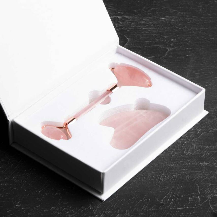 Pembe Kuvars Taşı Masaj Takımı - Roller ve Gua Sha Kalpli Set - 1