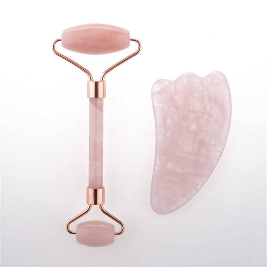 Pembe Kuvars Taşı Masaj Takımı - Roller ve Gua Sha Kaz Ayaklı Set - 1