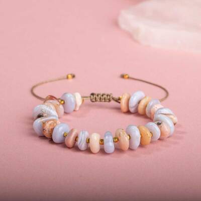 Pembe Opal-Mavi Akik Altın Kaplama Doğal Taş Bileklik - Doğal Taş