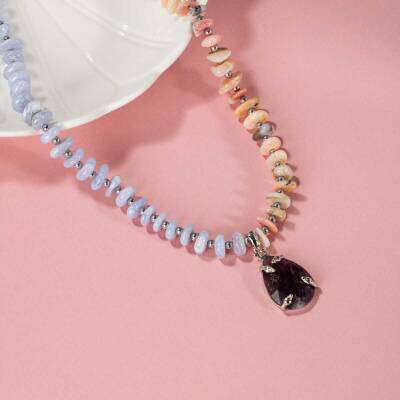 Pembe Opal-Mavi Akik-Hematit-Ametist Doğal Taş Kolye - 3