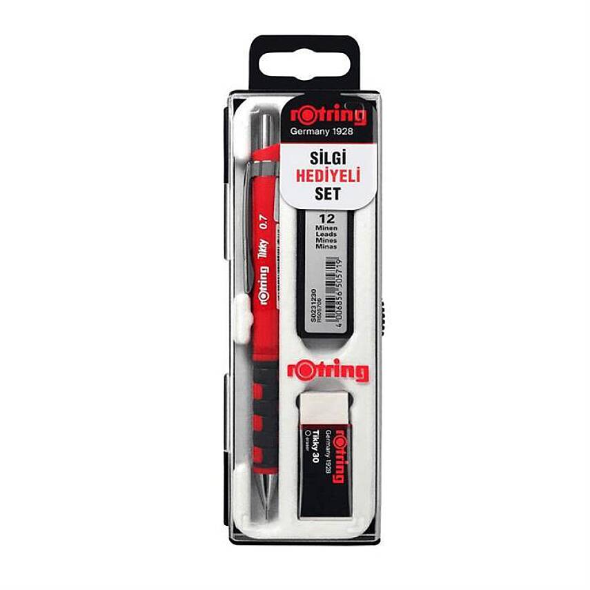 Rotring Tikky Kırmızı Okul Seti Uçlu Kalem + Uç + Silgi 0.7 mm 3 Lü Set - 1