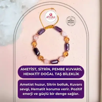 Sertfikalı Ametist, Sitrin, Pembe Kuvars, Hematit Doğal Taş Bileklik - Doğal Taş (1)
