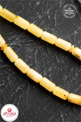 Sertifikalı 5-10 mm Silindir Kesim 20,25 gr Gold Eskitme Kaplamalı Gümüş İmame ve Püsküllü Kehribar Tesbih - Doğal Taş (1)