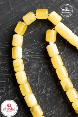 Sertifikalı 7-8 mm Silindir Kesim Gold Eskitme Kaplamalı Gümüş İmame ve Püsküllü Kehribar Tesbih - Doğal Taş (1)