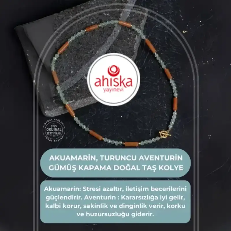 Sertifikalı Akuamarin, Turuncu Aventurin Gümüş Kapama Doğal Taş Kolye - 2