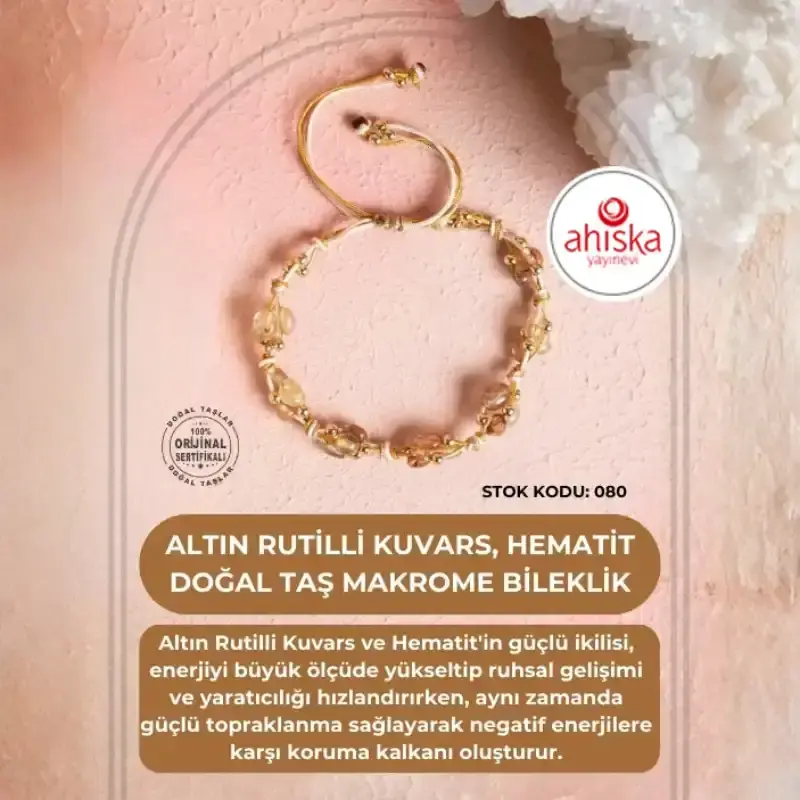 Sertifikalı Altın Rutilli Kuvars, Hematit Doğal Taş Makrome Bileklik (SK080) - 2