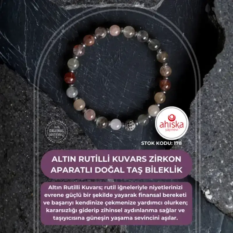 Sertifikalı Altın Rutilli Kuvars Zirkon Aparatlı Doğal Taş Bileklik-6 mm (SK178) - 2
