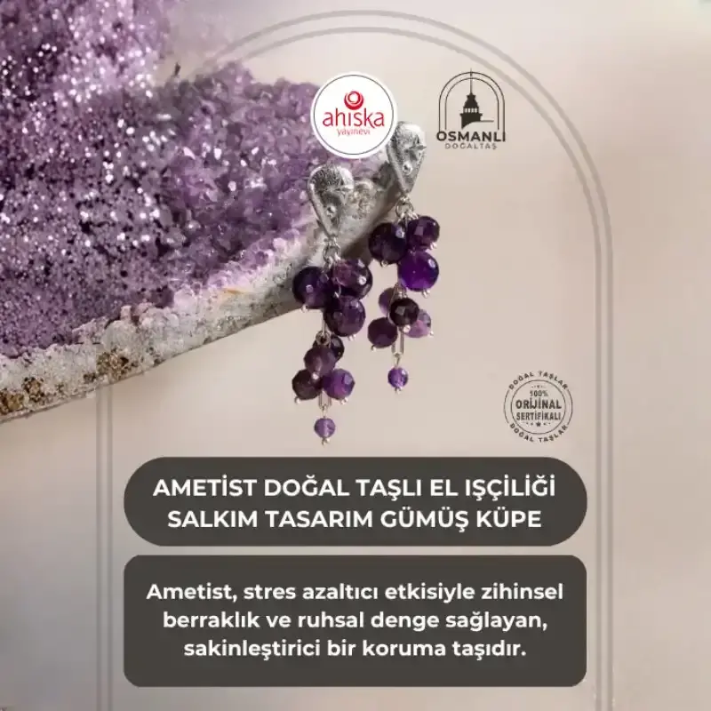Sertifikalı Ametist Doğal Taşlı El Işçiliği Salkım Tasarım Gümüş Küpe - 2