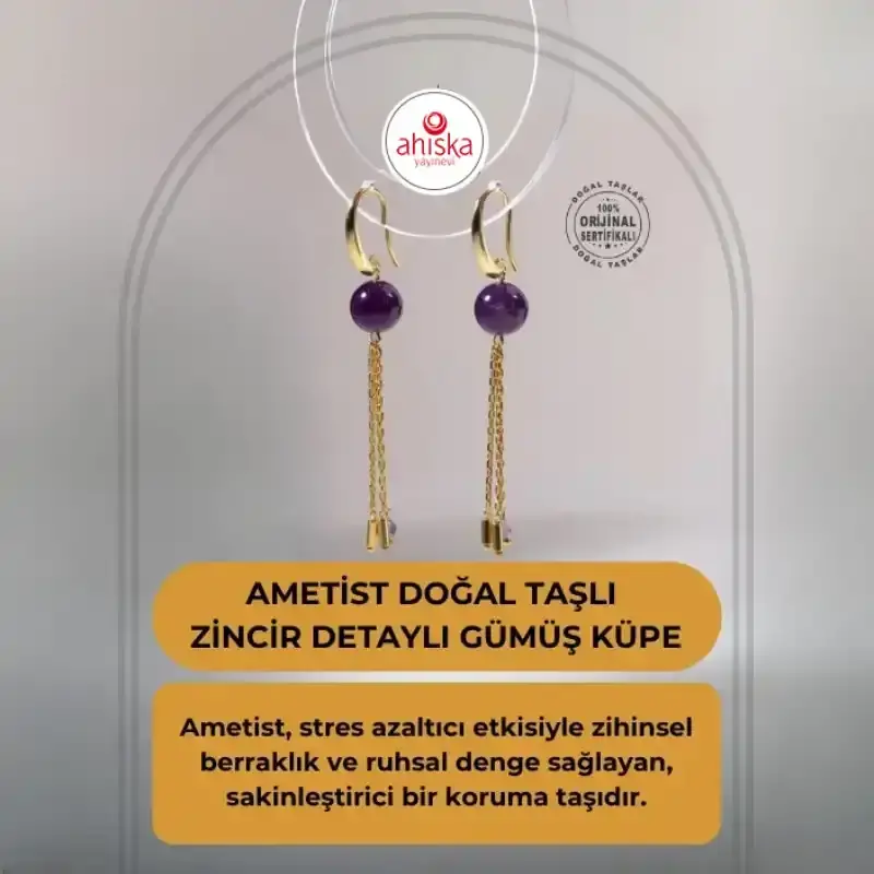 Sertifikalı Ametist Doğal Taşlı Zincir Detaylı Gümüş Küpe - 2