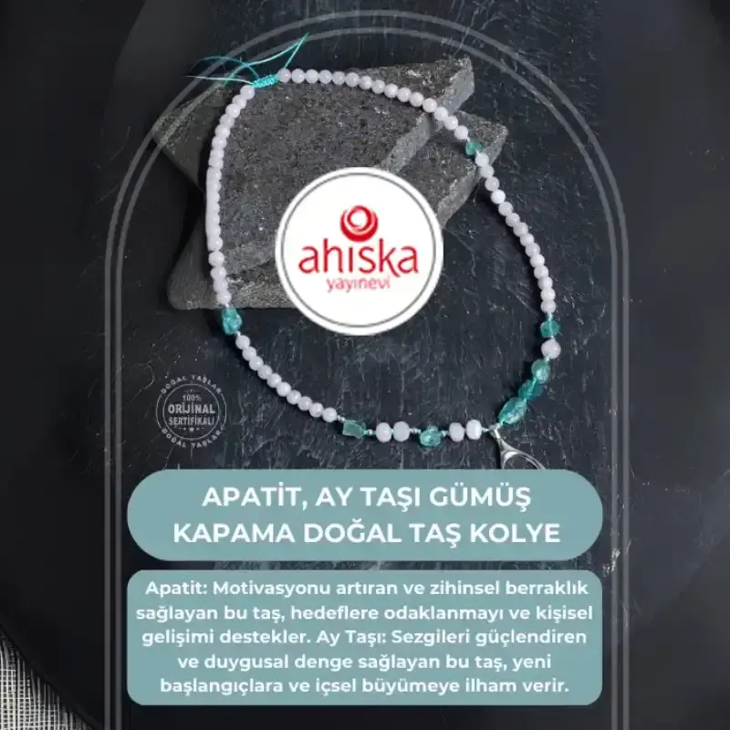Sertifikalı Apatit, Ay Taşı Gümüş Kapama Doğal Taş Kolye - 2