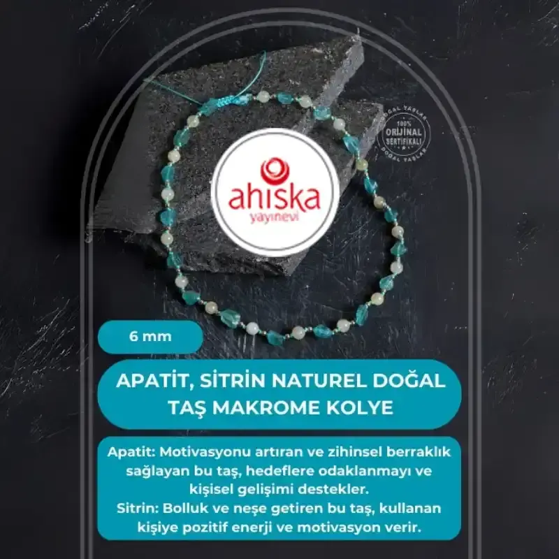Sertifikalı Apatit, Sitrin Naturel Doğal Taş Makrome Kolye - 2