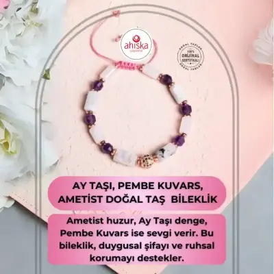 Sertifikalı Ay Taşı, Pembe Kuvars, Ametist Doğal Taş Makrome Bileklik - Doğal Taş (1)