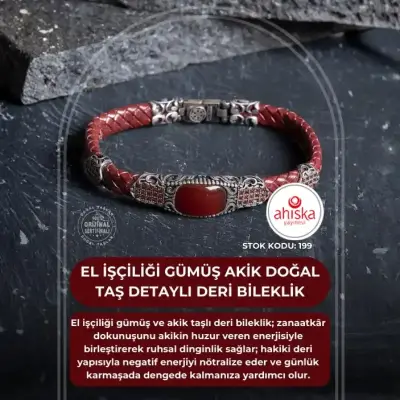 Sertifikalı El İşçiliği Gümüş Akik Doğal Taş Detaylı Deri Bileklik (SK199) - Doğal Taş (1)