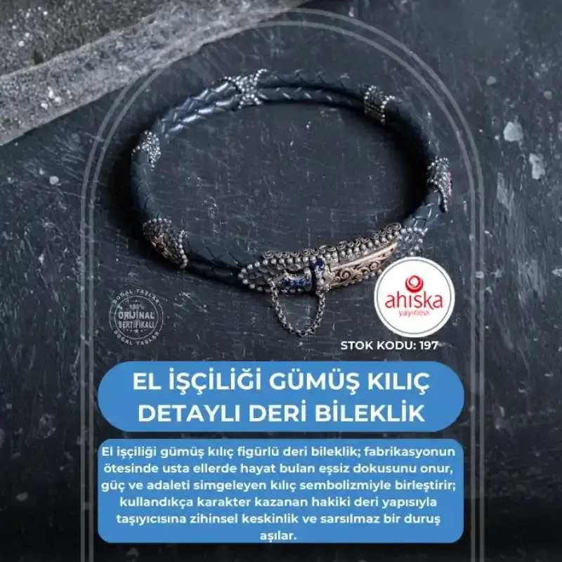 Sertifikalı El İşçiliği Gümüş Kılıç Detaylı Deri Bileklik (SK197) - 2
