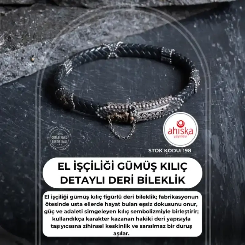 Sertifikalı El İşçiliği Gümüş Kılıç Detaylı Deri Bileklik (SK198) - 2