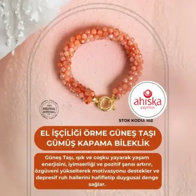 Sertifikalı El İşçiliği Örme Güneş Taşı Gümüş Kapama Bileklik (SK102) - Doğal Taş (1)