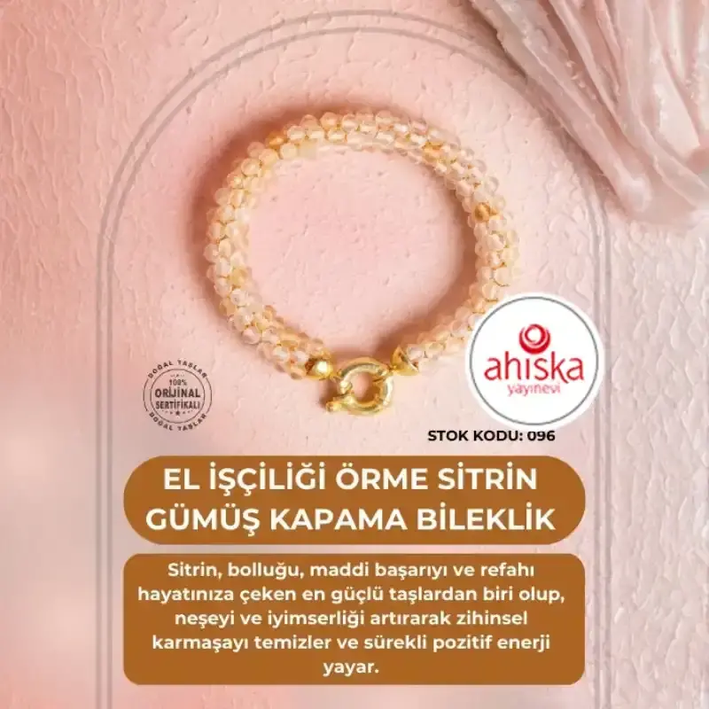 Sertifikalı El İşçiliği Örme Sitrin Gümüş Kapama Bileklik (SK096) - 2