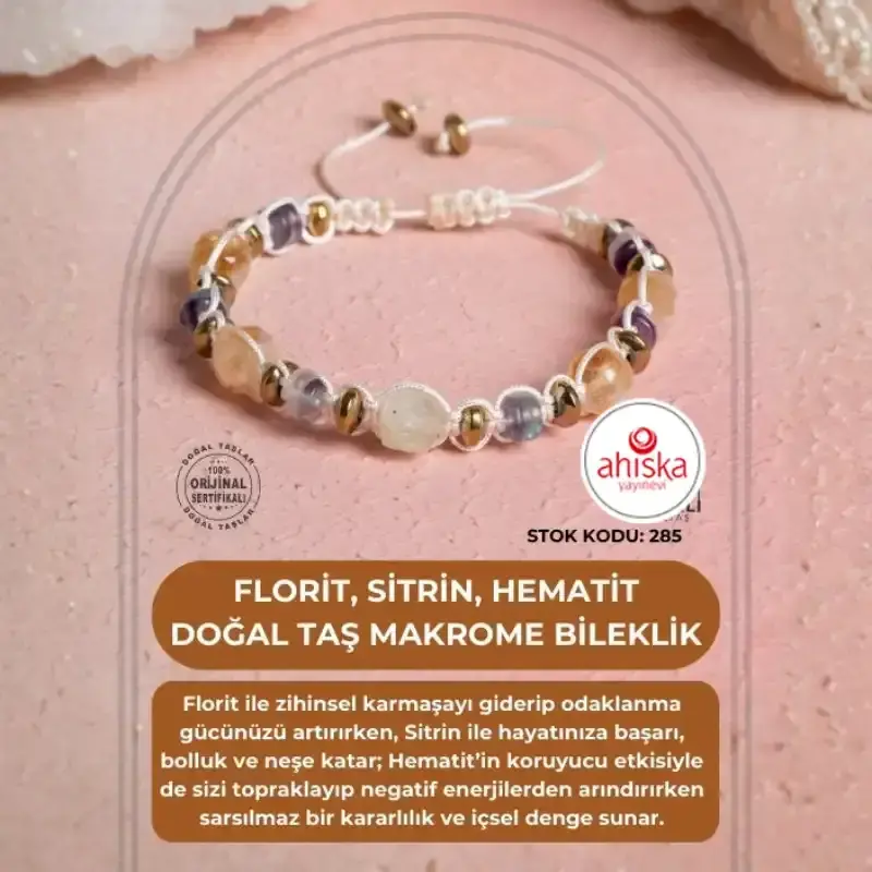 Sertifikalı Florit, Sitrin, Hematit Doğal Taş Makrome Bileklik (SK285) - 2