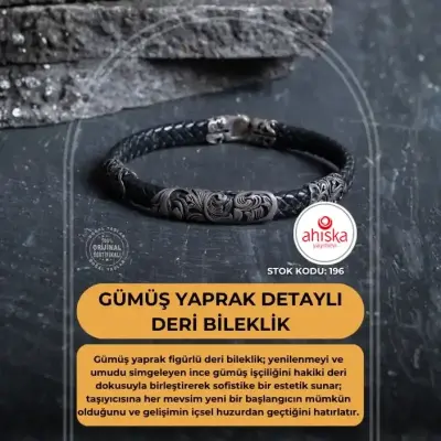 Sertifikalı Gümüş Yaprak Detaylı Deri Bileklik (SK196) - Doğal Taş (1)