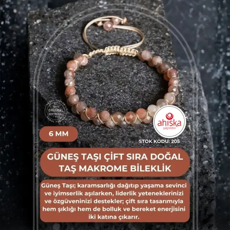 Sertifikalı Güneş Taşı Çift Sıra Doğal Taş Makrome Bileklik-6 mm (SK205) - 2