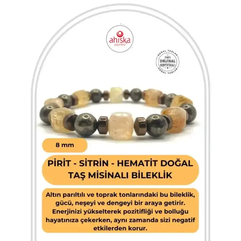 Sertifikalı Hakiki Orijinal 8mm Pirit - Sitrin - Hematit Doğal Taş Misinalı Bileklik - 2
