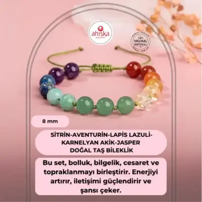Sertifikalı Hakiki Orijinal 8mm Sitrin-Aventurin-Lapis Lazuli-Karnelyan Akik-Jasper Örme İpli Bileklik - Doğal Taş (1)