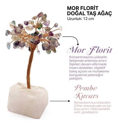 Sertifikalı Hakiki Orijinal Doğal Taş Mor Florit Ağaç - Alt Kısmı Pembe Kuvars - Doğal Taş