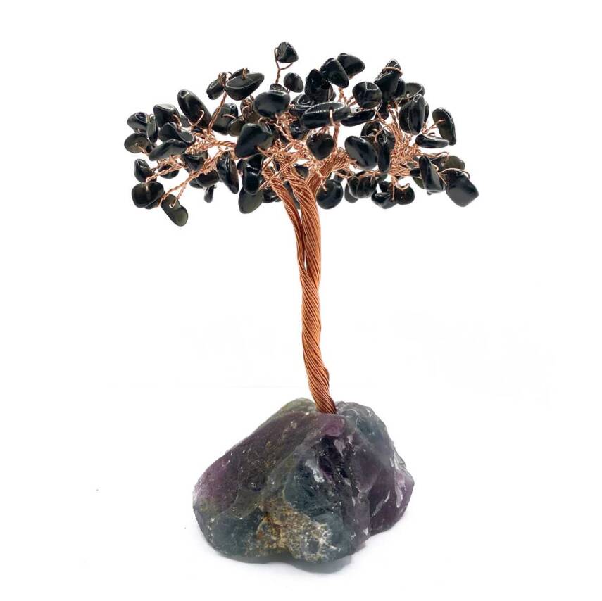 Sertifikalı Hakiki Orijinal Doğal Taş Obsidyen Ağaç - Alt Kısmı Mor Florit - 2