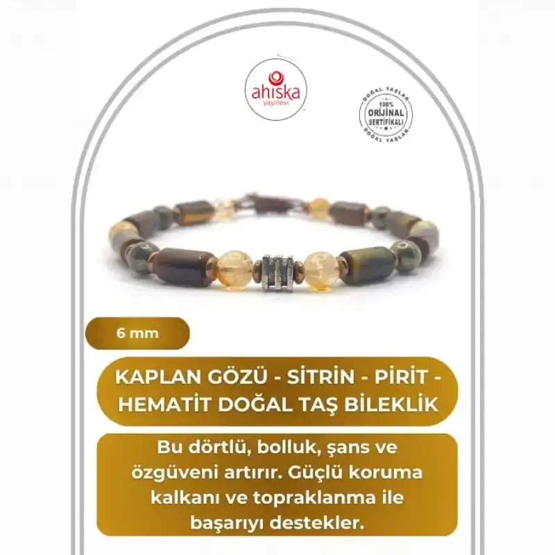 Sertifikalı Hakiki Orijinal Kaplan Gözü - 6mm Sitrin - Pirit - Hematit Doğal Taş İpli Ayarlanabilir Bileklik - 2