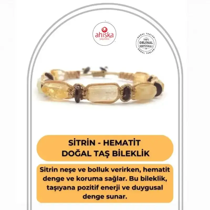 Sertifikalı Hakiki Orijinal Sitrin - Hematit Doğal Taş İpli Bileklik (Köşeli Makrome Model) - 2
