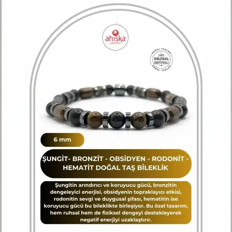 Sertifikalı Hakiki Orijinal (Şungit) Shungite - Bronzit - Obsidyen - Rodonit - Hematit 6mm Misinalı Doğal Taş Bileklik - 2