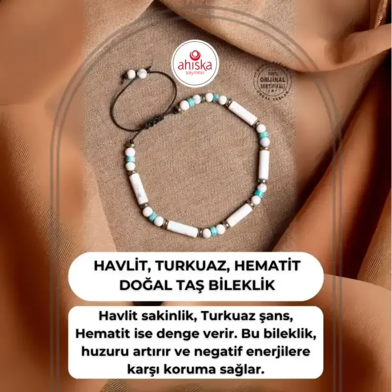 Sertifikalı Havlit, Turkuaz, Hematit Doğal Taş Makrome Bileklik - 2