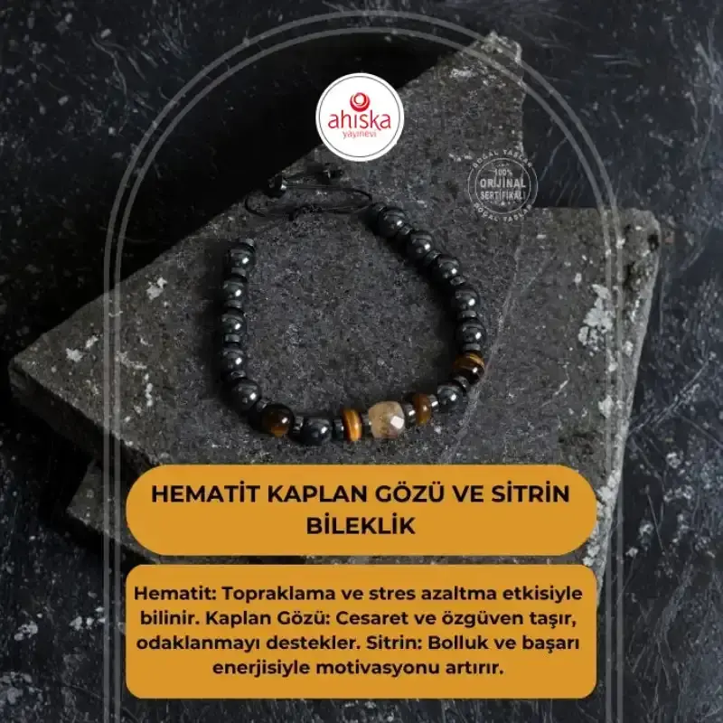 Sertifikalı Hematit Kaplan Gözü ve Sitrin Bileklik - 2