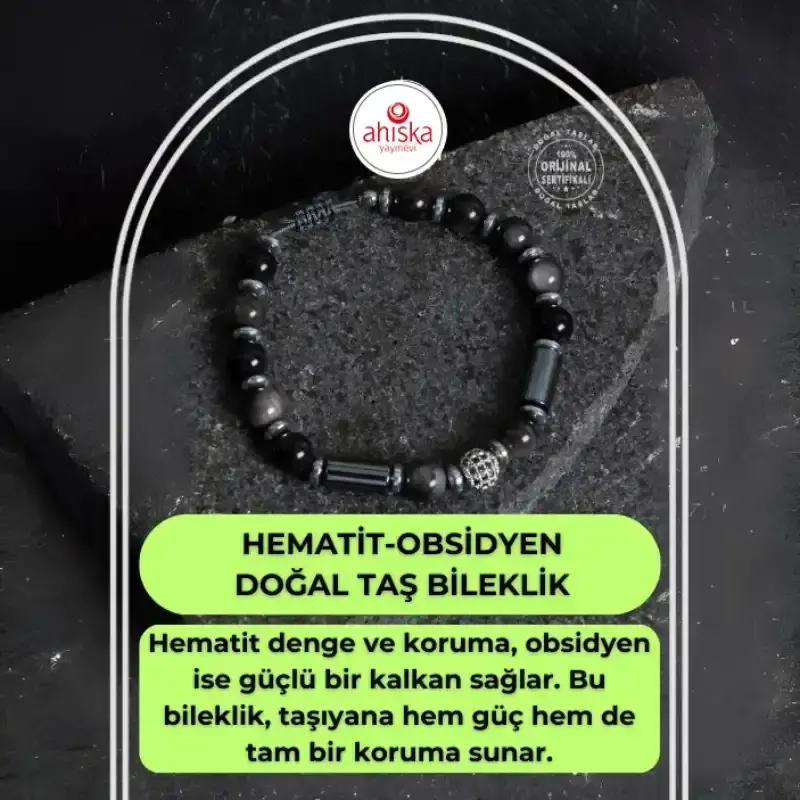Sertifikalı Hematit ve Obsidyen Doğal Taş Bileklik - 2