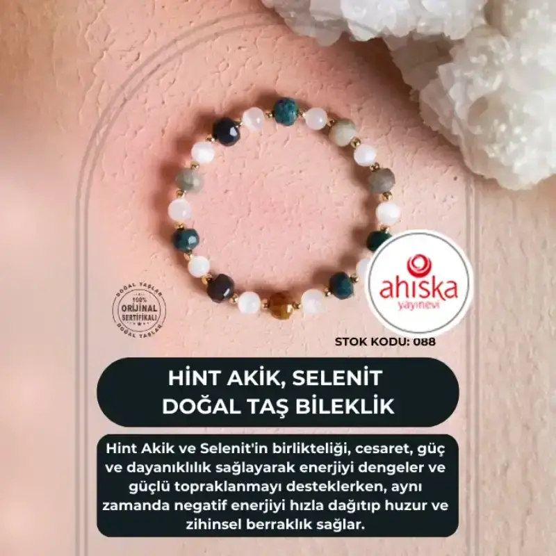 Sertifikalı Hint Akik, Selenit Doğal Taş Bileklik (SK088) - 2