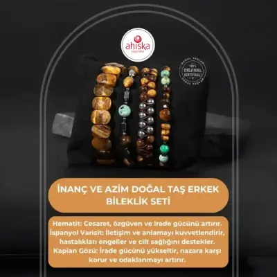 Sertifikalı İnanç ve Azim Doğal Taş Erkek Bileklik Seti - Doğal Taş (1)