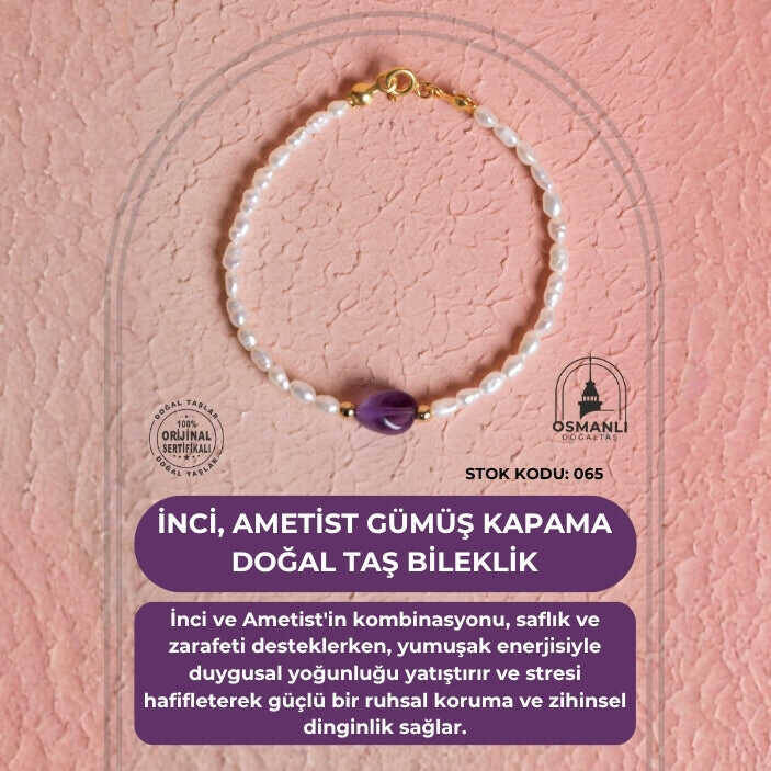 Sertifikalı İnci, Ametist Gümüş Kapama Doğal Taş Bileklik (SK065) - 2