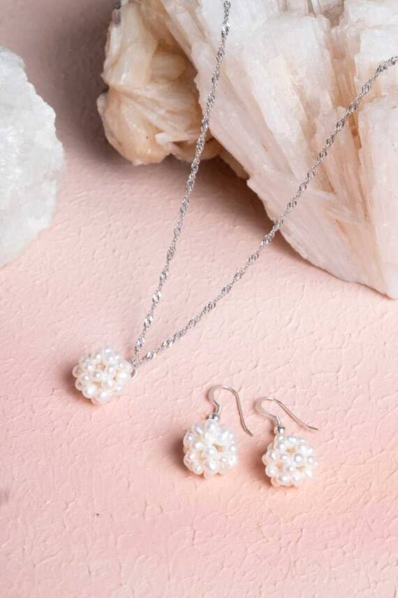 Sertifikalı İnci Doğal Taş Kolye Küpe Set - 4